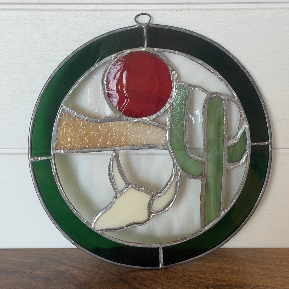 Cactus Skull Stained Glass Window Panel Mexico Texas Sierra Western 7" Round